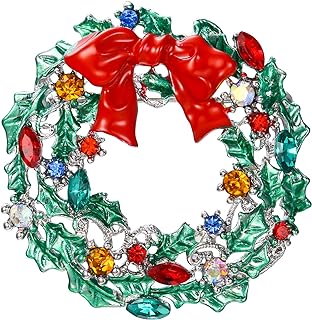 Enchanting Green Mistletoe Wreath Holly Brooch with a Red Bowknot, Pin Clasp, Made from Alloy and Crystal Material - Perfect Gift for Women, Floral Design