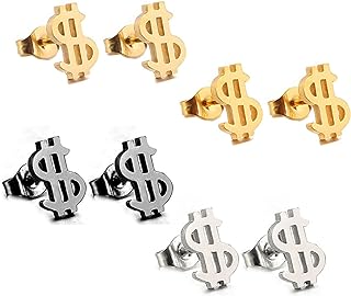 Dreuyet 4 Pairs Stainless Steel Dollar Sign Stud Earrings for Women Hip Hop Rich Symbol Funny Earring Dollar Money Stud Earrings