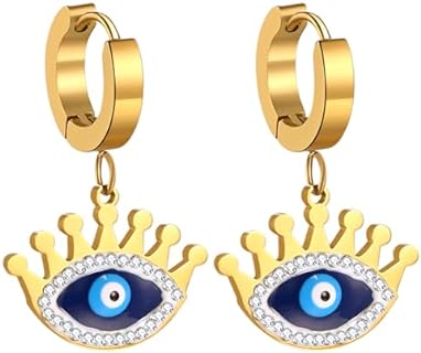 Chic Evil Eye Dangle Earrings with Hinged Hoop Back Finding, Crafted from Stainless Steel for Women, Featuring Bohemian Drop Star Design