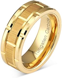 Durable Tungsten Carbide Men's Wedding Ring in Brushed White Gold – Gold Brick Pattern Design – Engravable, Size 6-16 – Ideal for Everyday Wear