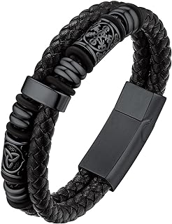 Men's Bestyle Braided Leather & Stainless Steel Viking Celtic Compass Bead Bracelet, Robust Wristband in 7.5/8.3 Inch Sizes