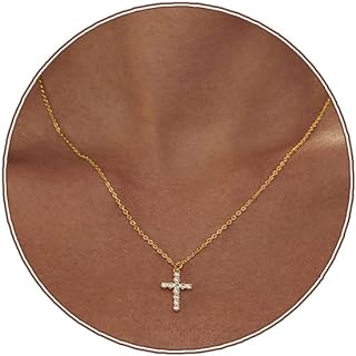 18K Gold Plated Brass Cable Chain Necklace with Cubic Zirconia Cross Pendant for Women and Girls