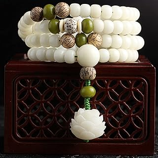 Moonetto Unisex White Jade Bodhi Root Meditation Bracelet in 5-Layer Lotus Design for Adults
