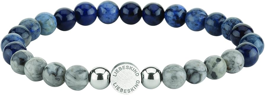 LIEBESKIND BERLIN Armband mit Jaspis und Blue Vein Beads, flexiblem Zugarmband, 18 cm Länge, mattiertem Edelstahl, ideal zum Verschenken an Damen zu jedem Anlass