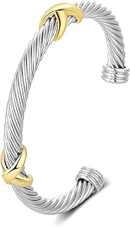 Cuff Bangle Bracelet, Stainless Steel Twisted Cable Wire Cross Bracelets Open Bangle Silver Cuff Vintage Bracelets for Women Jewelry Gift