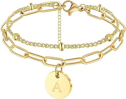 Lobster Claw Clasp Beaded Initial Bracelet with Stainless Steel Bead Chain for Women and Teen Girls - Trendy, Adjustable Design