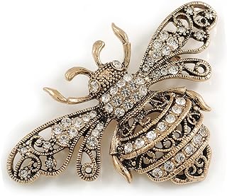 Gold-Plated Vintage Crystal Bumble Bee Brooch with Pin Clasp for Women, Antique Design