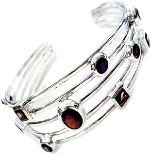 Natural Garnet Sterling Silver Bracelets for Women & Girls Handmade Bangle Style L 6.5-8 Inch