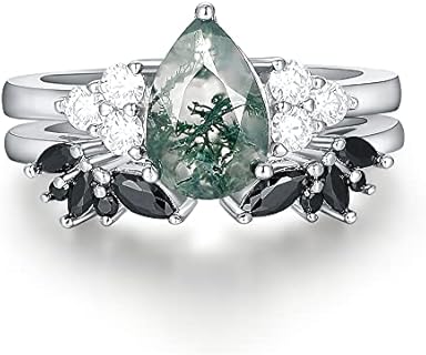 6x9mm Natural Pear Cut Moss Agate Bridal Ring Set Cluster Genuine Moissanite Engagement Ring V Shaped Open Ring 8PCS Prong Set Black Spinel Wedding Band Handcrafted Platinum Plated Sterling 925 Silver Wedding Set for Women Gifts for Her