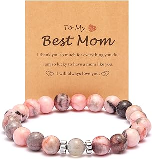 Mother's Day Blessed Love Charm Bracelet – Pink Natural Stone & Stainless Steel Rope Chain – Ideal Gift for Mom from Daughter/Son for Birthdays, Christmas, Valentine's Day