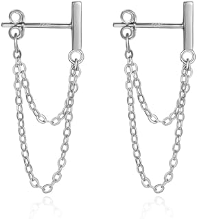 Sterling Silver Double Chain Dangle Earrings with Minimalist Bar Stud Design for Women and Girls - Perfect Jewelry Gift for Christmas and Birthdays