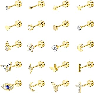 YADOCA 20Pcs Stainless Steel Flat Back Earrings for Women Men 20G Small Cartilage Stud Earrings Hypoallergenic CZ Butterfly Heart Eye Small Screw Back Earrings Set Multiple Piercing Jewelry