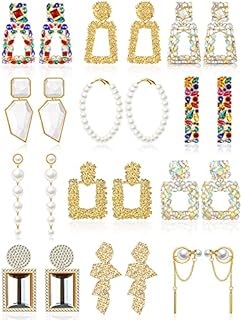 Hicarer 12 Pairs Rhinestone Crystal Rectangle Earrings Glass Square Geometric Earrings Long Bohemian Faux Pearls Earrings Geometric Statement Earrings Hoop Dangle Earrings for Women Girls Daily Party
