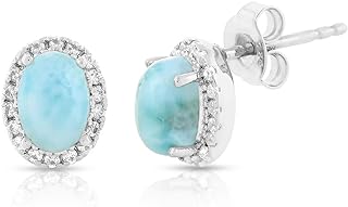 Gemshiner 925 Sterling Silver Larimar Ovl Halo Stud Earrings Blue Natural Gemstone Beaded Jewellery for Girlfriend Wife