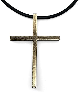 Cross Pewter Antique Brass Metal Finish Slender Pendant Black Rubber Necklace