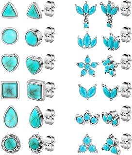 12 Pairs Turquoise Stud Earrings Boho Various Dainty Small Gemstone Studs Earring Set Simple Trendy Silver Gold Round Square Drop Triangle Flower Shaped Dot Earrings for Girls Women Teens