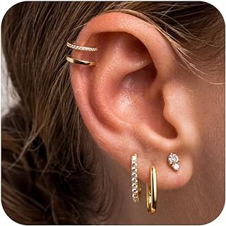 Stud Earrings for Women, Dainty Gold Earrings Set 14k Gold Plated Small Hoop Earrings for Women Hypoallergenic Earring Sets for Multiple Piercing Trendy CZ Gold Earrings Set Gold Jewelry Gifts
