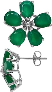 Emerald Green Agate Flower Post Sterling Silver Earrings with Push Back for Women - Alluring Classy Design