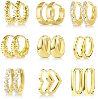 9 Pairs Small Gold Huggie Hoop Earrings Set for Women, 14K Real Gold Plated Hypoallergenic Cartilage Earring, Lightweight Tiny Gold Hoop Earrings for Gift