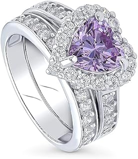 BERRICLE Sterling Silver Halo Wedding Engagement Rings Purple Cubic Zirconia CZ Statement Heart Ring Set for Women, Rhodium Plated Size 4-10
