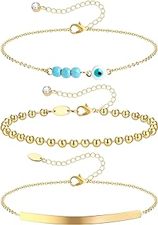 Florideco Triple Boho Beach Anklets for Women in Stainless Steel with Figaro Chain & Lobster Claw Clasp Featuring Cubic Zirconia Accents