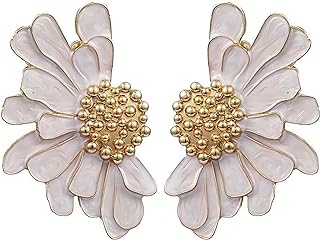 Vintage Statement Earrings For Women Girls, Trendy Statement Stud Fall 14k Gold White Daisy Flower Hypoallergenic Earrings Jewelry Gifts.