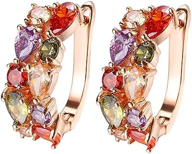 La Pousette Clasp Multi-Gemstone Hoop Earrings Cubic Zirconia For Women, Rose Gold Plated Cluster Design Jewelry Set