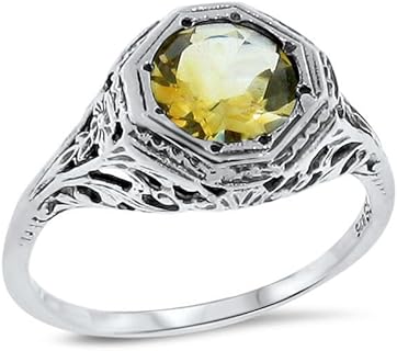 ABHI Round Cut Citrine Solitaire Vintage Wedding Engagement Ring for Women 925 Sterling Silver In 14K White Gold Over
