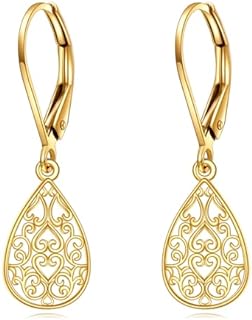 Lever Back 14K Yellow Gold Heart Dangle Earrings, Filigree Teardrop Design for Women and Girls, No Gemstone