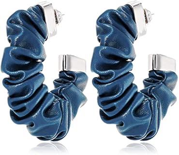 Vince Camuto Blue Faux Leather Open C Hoop Earrings – Hinged Hoop Zinc Earrings with Distinct Silvertone Finish