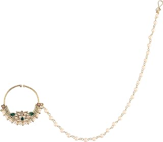 I Jewels 18k Gold Plated Indian Wedding Bollywood Ethnic Bridal Nose Ring/Nath without piercing with Pearl Chain Encased with Pearl Stone for Women/Girls (NL39-47)