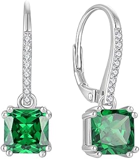Women 925 Sterling Silver Hoop Earrings Dainty Princess Cut 5A Cubic Zirconia Birthstone Huggie Leverback Dangle Drop Birthday Mother's Day Jewelry Gift