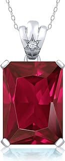 Gem Stone King 925 Sterling Silver Red Created Ruby and White Topaz Pendant Necklace For Women (20.03 Cttw, Emerald Cut 18X13MM, with 18 Inch Silver Chain)