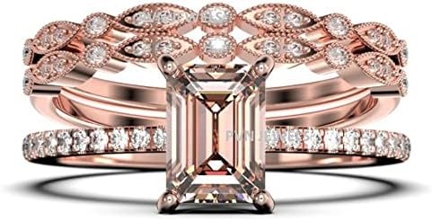 PVN JEWELS Emerald Cut Peach Morganite & CZ Diamond Wedding Trio Halo Ring Band Set in 925 Sterling Silver