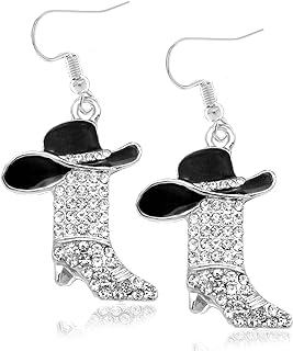 RechicGu Zinc Western Boot Dangle Earrings with French Wire Back Finding for Women and Girls, Rhinestone Cowboy Boot Stud Design