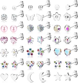 YADOCA 21Pairs Hypoallergenic Stainless Steel Cubic Zirconia Stud Earrings Set for Women and Girls with Push Back Closure, Various Cute and Elegant Heart, Moon, Star, Butterfly and Flower Designs