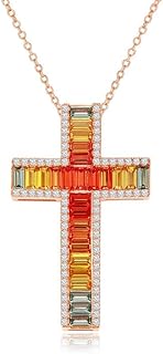 Lobster Claw Clasp Baguette Pendant Necklace, Singapore Chain, Cubic Zirconia for Women, Large Cross Design in Sterling Silver