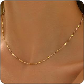 Chic 18K Gold Plated Twisted Bead Necklace with Sturdy Lobster Clasp and Dainty Stainless-Steel Cable Chain, Trendy Satellite Coin Design, Perfect Jewelry Gift for Women and Girls