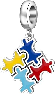 Round Clasp Autism Beaded Bracelet with 925 Sterling Silver Puzzle Bead for Women, Heart/Love Design