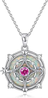 Opal Compass Necklace for Women Opal Birthstone Necklace for Women Sun Moon Star Necklace 925 Sterling Silver White Opal Pendant Necklace Anniversary Birthday Gifts Opal Jewelry Gifts for Her