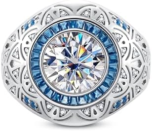 Platinum Bezel Engagement Ring with Moissanite and Blue Sapphire for Men in Wide Band Design