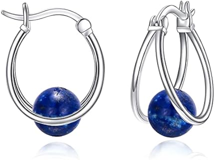 Gemstone Double Hoop Earrings for Women Sterling Silver Pearl Moonstone Turquoise Black Onyx Jade Opal Lapis Lazuli Earrings for Women