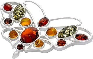 Women’s Silver Brooch, Colorful Butterfly with Amber, Polished Sterling Silver, Baltic Amber in Three Colors