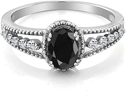 Gem Stone King 925 Sterling Silver Black Sapphire and White Topaz Engagement Ring For Women (1.28 Cttw, Oval 7X5MM, Available in size 5, 6, 7, 8, 9)