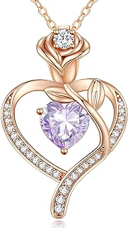 LOUISA SECRET Rose Flower Heart Birthstone Necklaces for Women, 925 Sterling Silver Fine Jewelry, Pendant Heart Necklaces Birthday Anniversary Christmas Gift for Women Wife Mom Girlfriend Lady