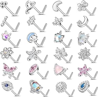 WAINIS 24pcs Hypoallergenic Nose Rings 20G Surgical Stainless Steel Nose Rings Studs L Shaped Screw Studs Rings Cubic Zirconia Nose Ring Silver Nose Piercing Jewelry for Women