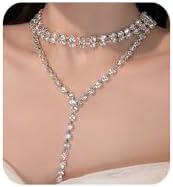 Bohemain Lariat Silver Crystal Rhinestone Y Pendant Necklae Long Necklace for Women Lariat Dainty Silver Necklace Rhinestone Choker Necklace