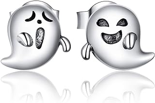 Ghost Stud Earrings with Cubic Zirconia and Push Back Design for Women, Sterling Silver Halloween Shaped Jewelry