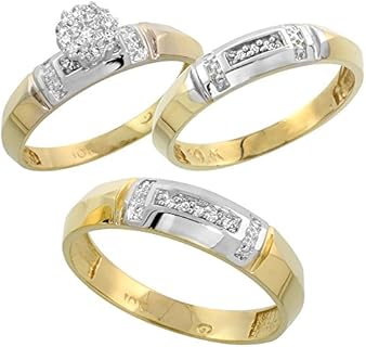 10k Yellow Gold Knife Edge Wedding Ring Set with White Diamond for Couples, Trio 3-Piece Design, Sizes 5-14, 4.5mm & 4mm Width, 0.10 Carat Brilliant Cut