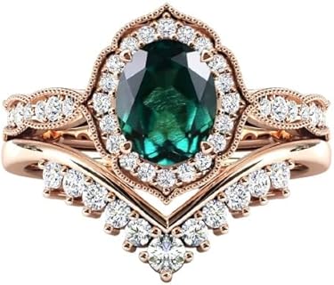 10K Vintage Emerald Engagement Ring Set 1.5 CT Art Deco Emerald Bridal Ring Set Gold Emerald Gemstone Wedding Ring Set Unique Anniversary Ring Set